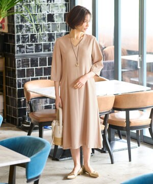  【接触冷感・速乾・UVケア・撥水・防シワ・XSサイズあり】リネンライクツィルVネック ワンピース