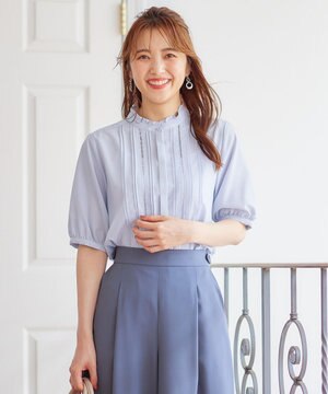  【洗える】フリルスタンドピンタック ブラウス