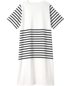  【綿100％】60ハイゲージ天竺パネルボーダー半袖ワンピース