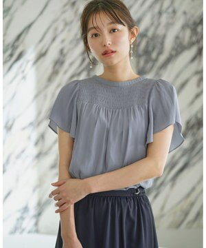  【洗える】シャーリングツヤ ブラウス