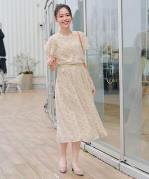  フレアスリーブ柄ワンピース