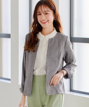  【新色追加・洗える】麻調薄地キーネックジャケット