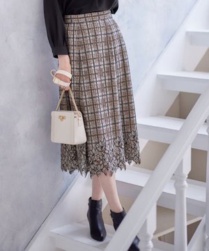  【洗える】フラワーレースチェックパネル スカート