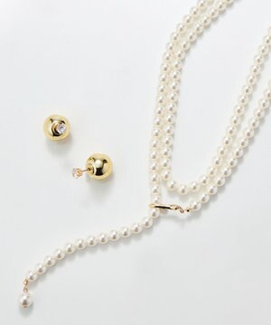 【セレモニーセット】パールフックロングラリエットネックレス×モードメタルビジューバックキャッチピアスSET