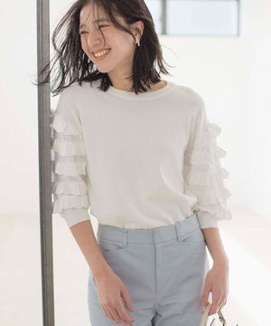  【WEB限定カラーあり】MINA 袖フリルニットプルオーバー