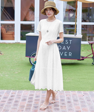 【洗える】パンチングレーススカラップワンピース