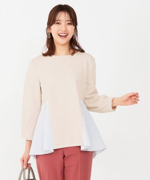  【洗える】異素材コンビペプラム トップス