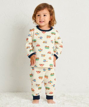  【80-120cm】 あったかキルト素材 乗り物柄 腹巻き付き長袖パジャマ