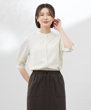 【洗える】ストライプ バンドカラー ブラウス