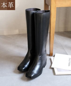 本革ローヒール スクエアトゥロングブーツ