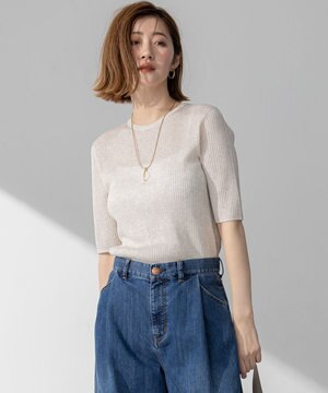  【洗える】シャイニーシアー リブ ニット