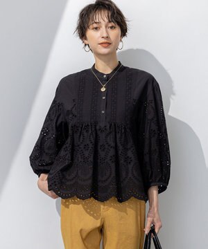  【洗える】コットンエンブロイダリー クロップド ブラウス