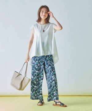 【ウエストゴム/洗濯機可能】フラワープリントリラックスパンツ