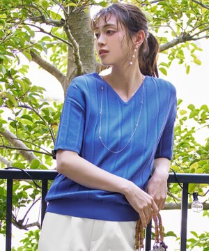  【洗える】プリーツ編みVネックニットトップス