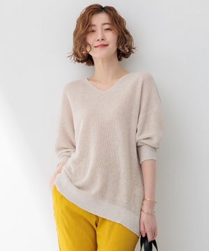  【洗える】ピュアリネン Vネック ニット