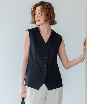  【セットアップ対応/洗える】コットンリネン オックスストレッチ ジレ