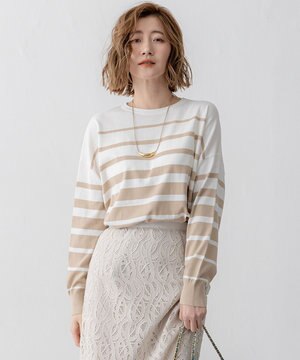  【洗える】プレミアムビオコットン ボーダー ワイド ニット
