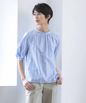  【洗える】 セルロース タイプライター ストライプ スタンドカラー ブラウス