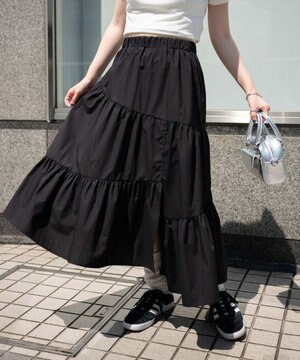  【ウエストゴム】ランダムフリルロングスカート