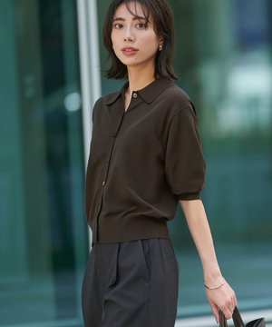 【洗える/吊り干しOK】ヴィスコースストレッチ ポロニット カーディガン