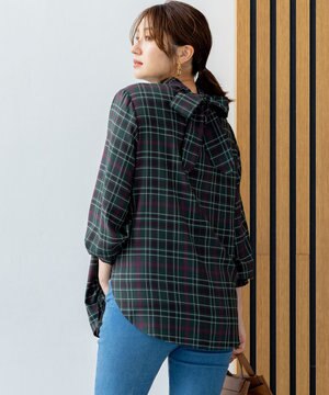  シアーツイルチェック ハイネックブラウス