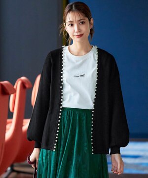 【洗える】パール付きパフスリーブカーディガン