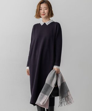  【洗える/吊り干しOK】ヴィスコースストレッチ レース襟 ワンピース