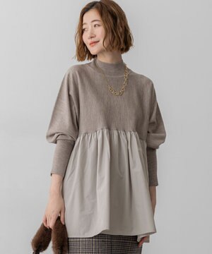  【洗える】ギャザープルオーバー コンビ ニット