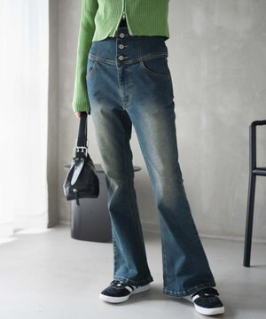  ハイウエストストレッチフレアデニムパンツ