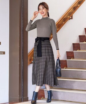 【洗える】千鳥柄ニットプリーツワンピース