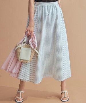  【洗える】リネンコットンストライプ ギャザー スカート