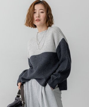  【洗える】ウールカシミヤ カラーブロック バルキー ニット