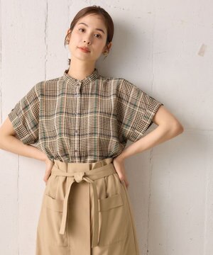 【洗える】シアーチェック 半袖ブラウス