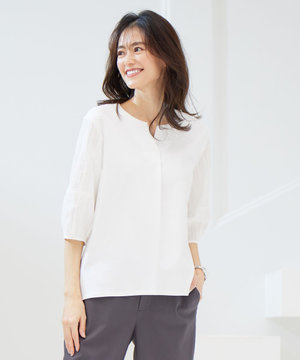  【WEB限定カラーあり・接触冷感・UVケア】 スムースジャージー キーネック カットソー