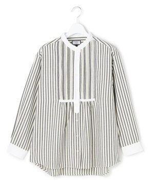  【WOMEN】ピンタック バンドカラーストライプブラウス