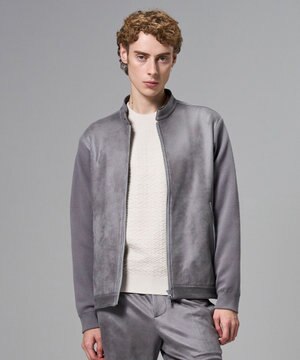  【ストレッチ】レザーライクジャージーニットブロック　ZIP UPブルゾン