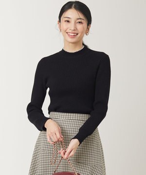  【洗える】ネックパール調リブ ニット