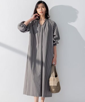  【SLOW/洗える】コットンナイロンストライプ カフタン ワンピース