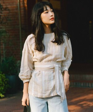  【洗える】LIBECO ベルト付き ブラウス