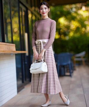  【洗える】千鳥柄ニットプリーツワンピース