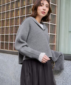  【洗える】ウールカシミヤチャンキー クロップド スキッパーニット