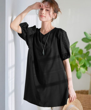 【2TYPE/総レース・袖レース】パンチングレースパフスリーブチュニックブラウス