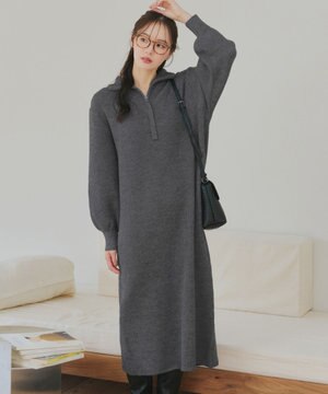  【洗える】ハーフジップリブニットワンピース