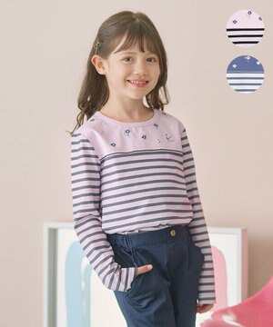  【110-140㎝】フラワー刺繍ボーダー Tシャツ