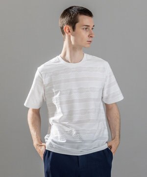  新柄【ストレッチ/洗える】ジャガードボーダー　クルーネックTシャツ