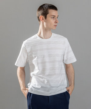 新柄【ストレッチ/洗える】ジャガードボーダー クルーネックTシャツ