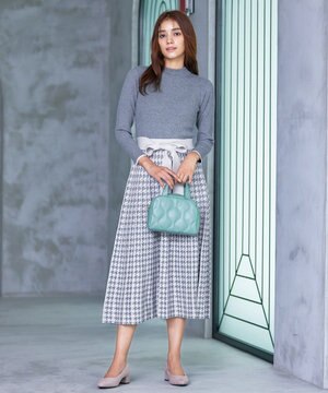  【洗える】千鳥柄ニットプリーツワンピース