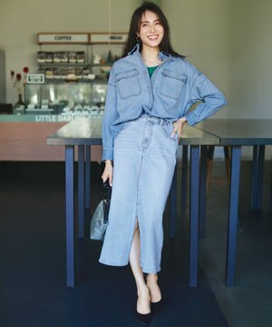  【洗濯機可/ストレッチ】フロントスリットデニムスカート