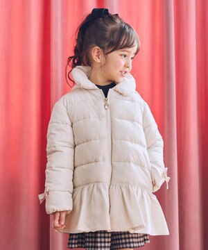  【フード取り外し/洗濯機可能】中綿フリル リボンコート