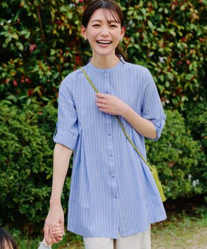 【新色追加・洗える】バンドカラーシャツチュニックブラウス